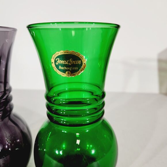 Indiana Glass Anchor Glass Vase Lot of 2 Plum Swirl Forest Green Vtg 6 1/4in USA - Picture 2 of 11